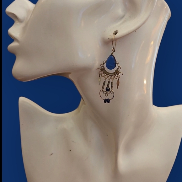 Alpaca Jewelry - Antique Dainty Peruvian Cobalt Blue Glass Dangle Earrings